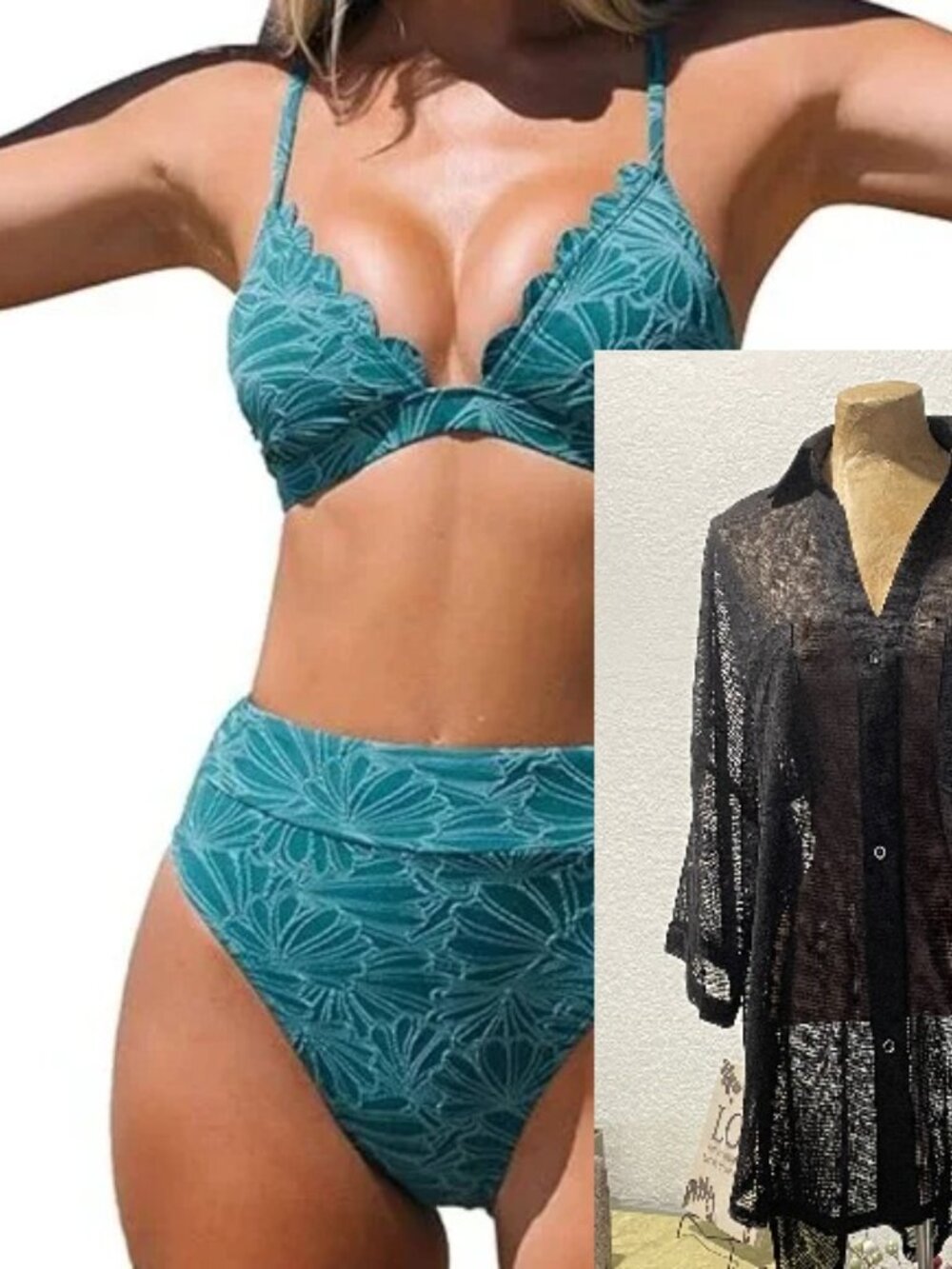 NWT Cyan Blue High Waist Bikini Swim Suit CUPSHE & Black LILLUSORY Coverup M